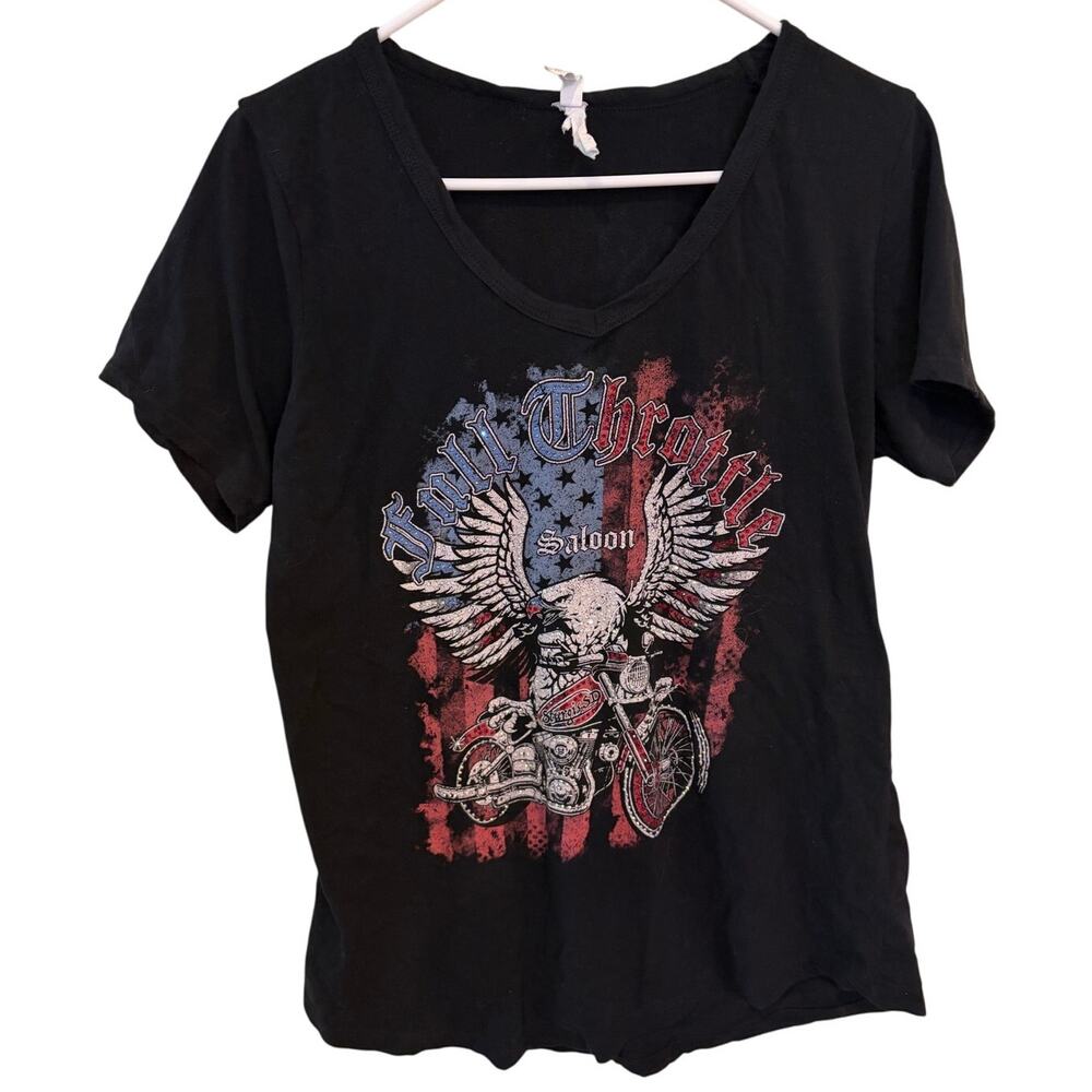 Full Throttle Saloon T Shirt V Neck Liberty Wear M Y2K Bedazzled Short Sleeve